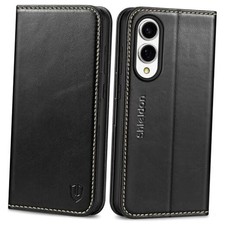Case 6.7" 2025, Genuine Leather Folio Wallet for Galaxy S25 Edge Retro Black