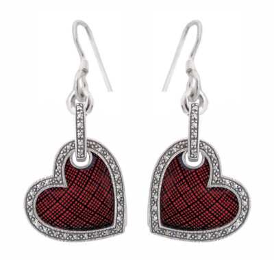 Doppel Herz Ohrhänger 925 Sterling Silber besetzt mit roter Emaille & Markasiten