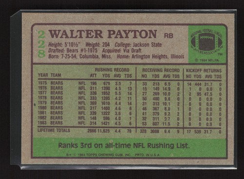1984 Topps #228 Walter Payton Chicago Bears EX-NM - Picture 2 of 2