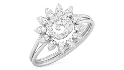 Sunflower Pattern 10K White Gold With Round Lab Grown Diamond Pretty Ring Set