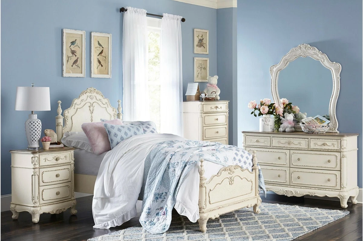 DREAMY ANTIQUE WHITE 4 PC. FULL BED N S DRESSER MIRROR BEDROOM FURNITURE SET