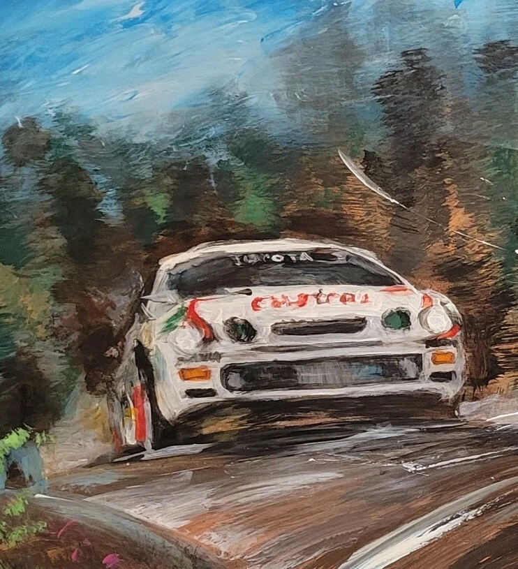 Coche de carreras de rally WRC OBRA DE ARTE pintura original firmada 16x20 Toyota CELICA GT-FOUR Foto 3 de 4