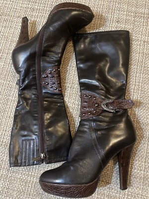Brown Medea BOOTS  Skinny Narrow Calf Size 37/ 7  Croc embossed leather 4  heel