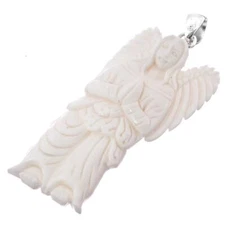 925 Silver Handcrafted Angel Bison Bone Carving Sterling Pendant, 2 9/16"