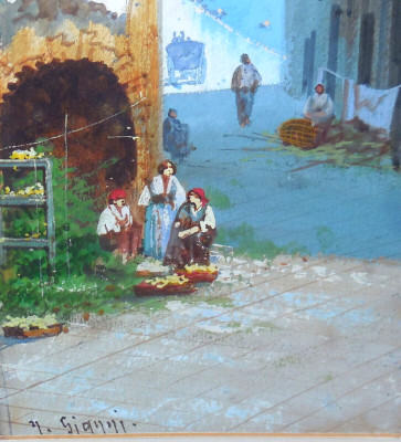 Antikes italienisches Gemälde Bucht von Neapel Vulkan Vesuv 19. Jh. SIGNIERT UM 1890 alt