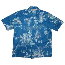 Tropicana Vintage Hawaiian Shirt size Large Blue 1960  s / 70's Cloth Buttons
