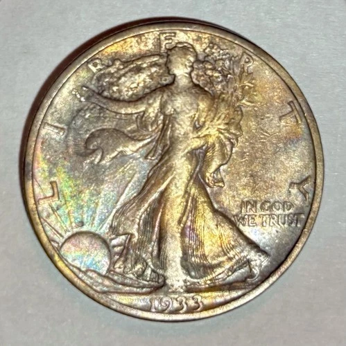 1933 S Walking Liberty Half Dollar - AU - Rainbow Toned