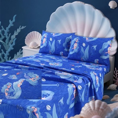4Pcs Mermaid Queen Size Sets,Blue Ocean Sheets,  Microfiber Bedding Set 1 Fit...