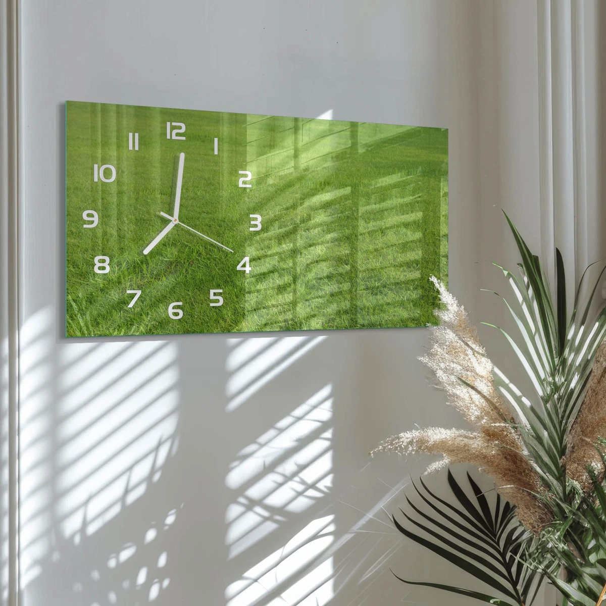 Reloj de Pared Rectangular de Vidrio Templado Decorativo Hierba Verde 60x30 cm