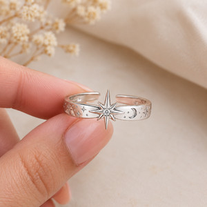 Authentic 925 Sterling Silver Celestial Star Moon Adjustable Ring Minimalist Band