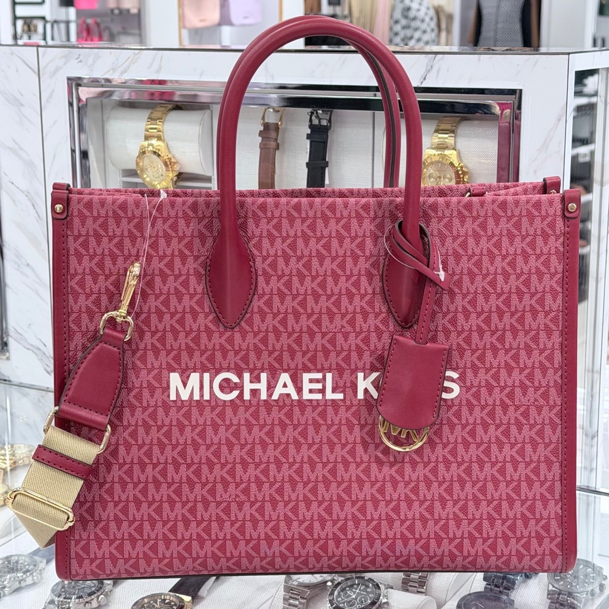 Michael Kors Mirella Medium Tote MK Signature Logo Bag Cherry, $106.95