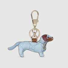 GUCCI Dog Shape Bag Charm GG Supreme Canvas Light Blue Gold Key Chain 821812