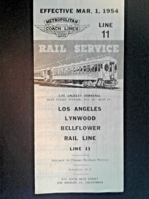 MÄRZ 1954 METROPOLITAN COACH LINES LOS ANGELES LYNWOOD BELLFLOWER FAHRPLAN