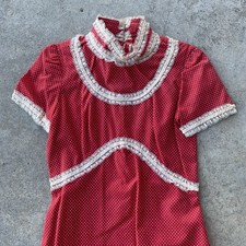 Prairie Cottage Core Vtg 70s Maxi Dress Red White Polka Dot Lace Trim Women  s S