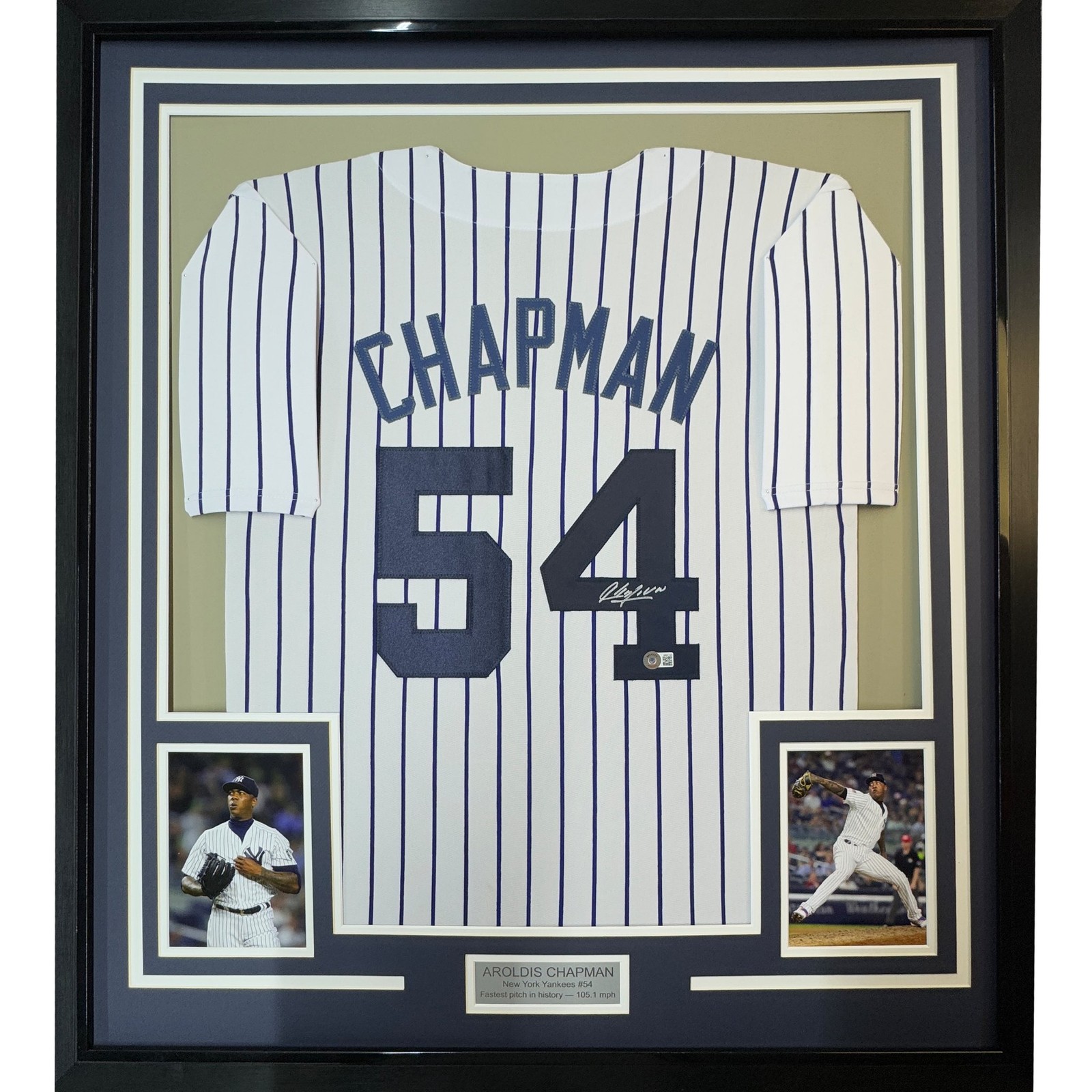 Framed Autographed/Signed Aroldis Chapman 35x39 NY Pinstripe Jersey BAS COA