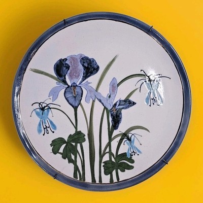 Studio Pottery Hand Painted Iris Columbine Glaze Ceramic Plate Wall Art Signed