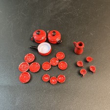 19 Piece Vtg Miniature Doll House Red White Speckled Enamel Cookware Camping Set