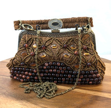 Vintage Style Brown Beaded Evening Bag Embroidered Clutch Purse Chain Strap NEW