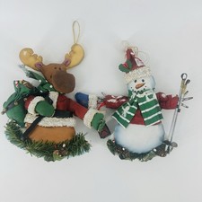 VTG Paper Mache Stuffed 7" Christmas Ornaments Decor Moose Snowman Set of 2