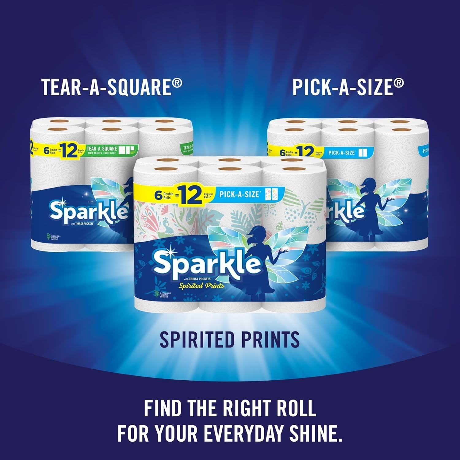 Sparkle Pick-A-Size Paper Towels Spirited Prints 6 Double Rolls = 12 Regular