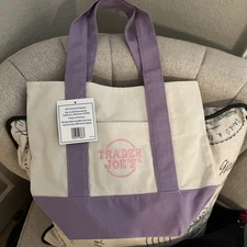 Trader Joe's NEW 💜RARE Embroidered PASTEL MINI CANVAS TOTE BAG LAVENDER 💜
