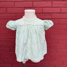 Vtg Baby Girl Pastel Mint Green Embroidered Puff Sleeve Smocked Dress Size 12M