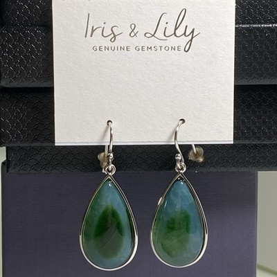 Iris & Lily Genuine Gemstone Green Agate Dangle Drop Earrings NEW