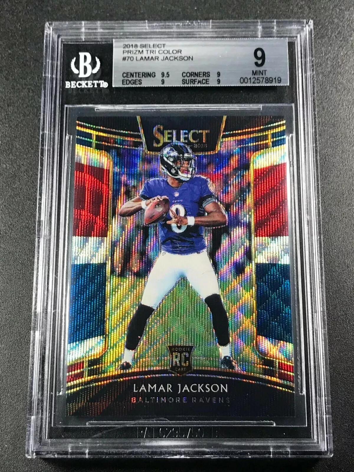 LAMAR JACKSON 2018 PANINI SELECT #70 TRI-COLOR PRIZM ROOKIE /199 BGS 9.5 9 9 9