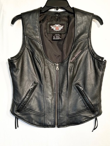 WOMENS LARGE HARLEY DAVIDSON EMBROIDERED BLACK LEATHER VEST