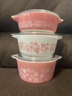 Vintage Pyrex Pink Gooseberry Casserole Set with Lids 471 472 473 Excellent