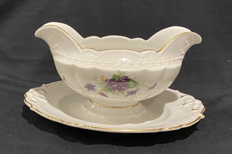Royal Jackson Woodland Violets Fine China GRAVY BOAT Bowl with Fixed Underplate