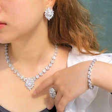 Women Leaf Earrings Necklace Bracelet Ring Silver Plated CZ Wedding Jewelry Set