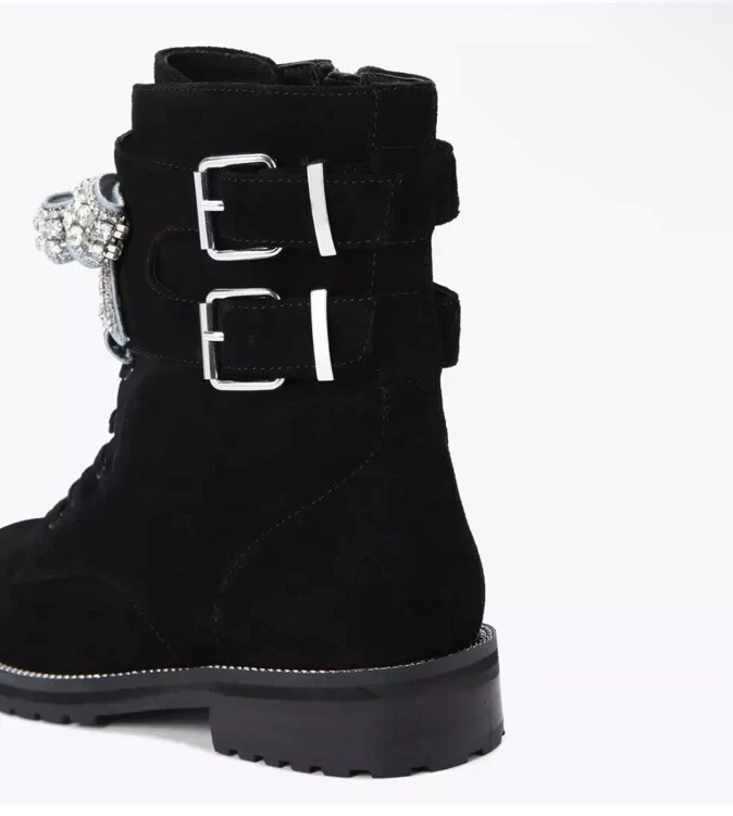 Nuevas Botas de Combate Kurt Geiger Zapatos 38.5 Lazo Estrás Gamuza Cuero Negro $390 Foto 4 de 4