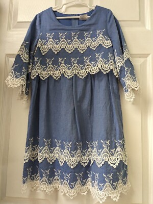 Chasing Fireflies Cottagecore Dress Sz 8 Girls Blue Lace Trim Zipper Back