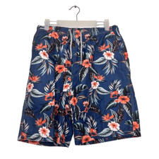 Aloha Elastic Waist Drawstring Floral Hawaiian Swim Board Shorts Blue Medium