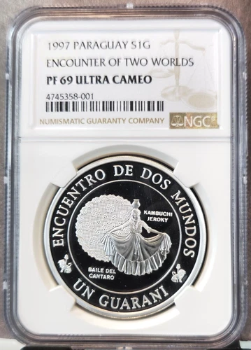 1997 PARAGUAY SILVER 1 GUARANI PITCHER DANCE NGC PF 69 ULTRA CAMEO GEM PROOF