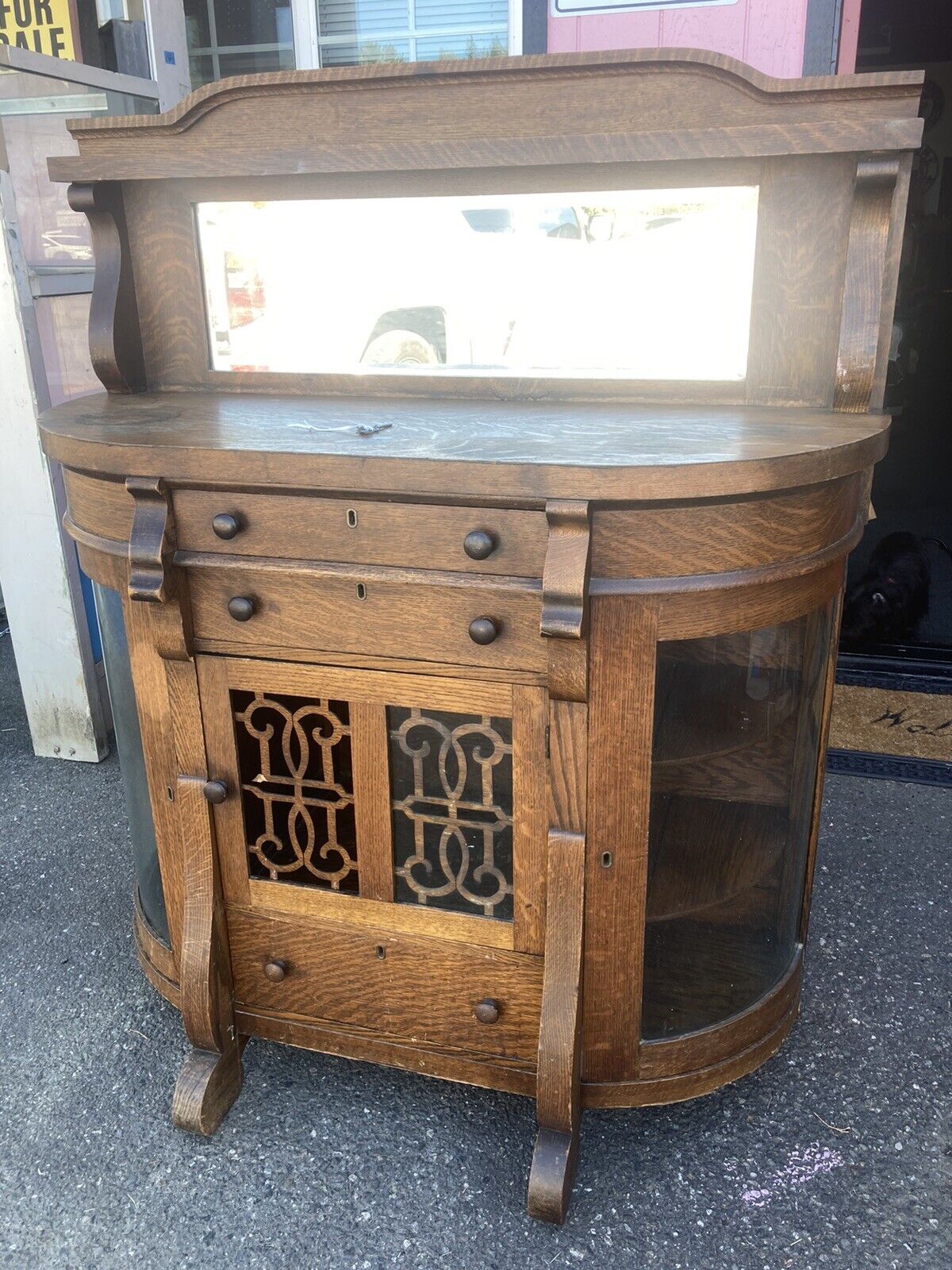 Antique Oak Sideboard Buffet Cabinet Curved Glass Mirror TLC Quartersawn ￼￼￼￼￼