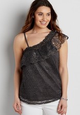 MAURICES LACE ONE SHOULDER MEDIUM LINED BLOUSE BLACK GRAY SHIRT NWT TOP