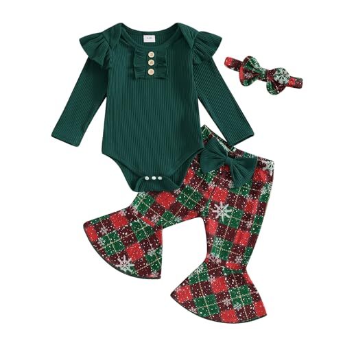 Newborn Baby Girl Clothes Ruffle Ribbed Knit Romper + Flare 0-3 Months Green - Picture 1 of 7