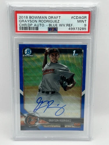 GRAYSON RODRIGUEZ 2018 BOWMAN CHROME 1ST AUTO BLUE WAVE 149/150 PSA 9 #CDA-GR JC