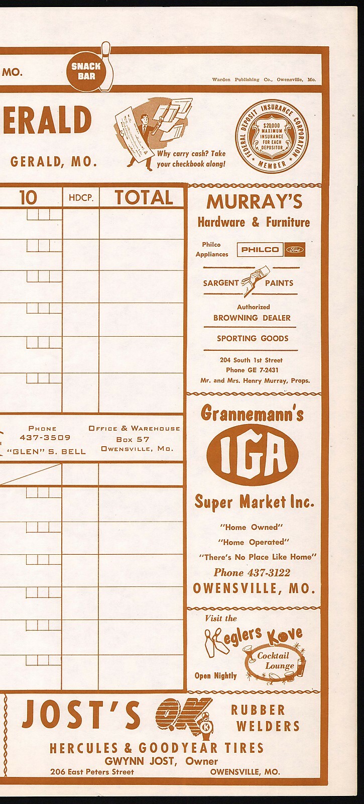 Vintage bowling score sheet FORD CONOCO MFA IGA AG Owensville Missouri