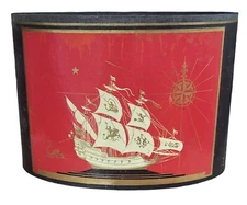 Vintage Stylecraft Oval GOLD-RED GALEON SHIP Desk Basket  1950s