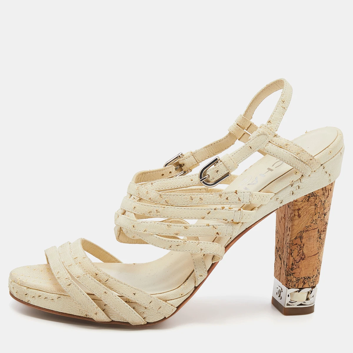 Chanel Cream Leather Chain Embellished Cork Block Heel Strappy