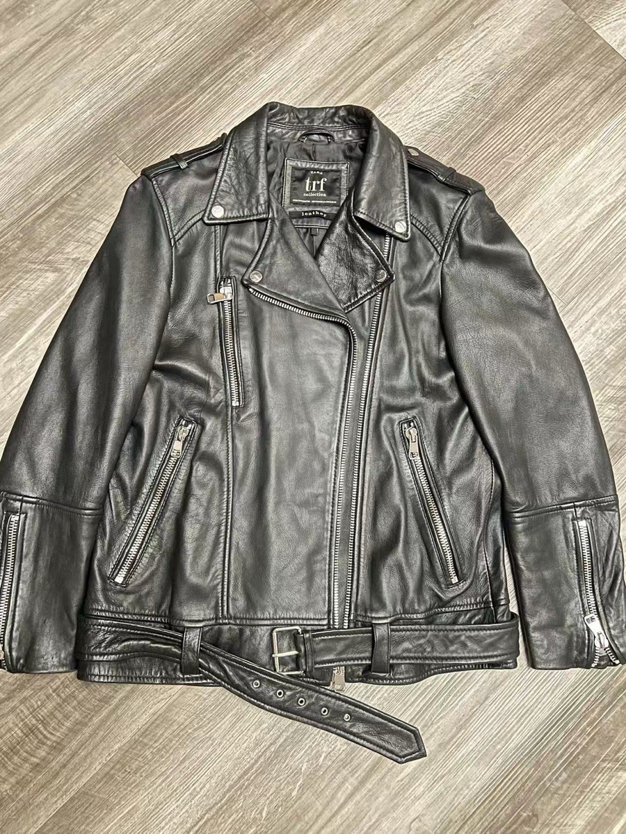 Zara trf sheep leather jacket womens Small black moto-handpicked