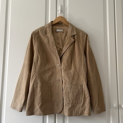 Damen Twiggy Sand Beige 100% Echtleder Wildleder Jacke UK 16 Schulterpolster