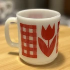 Vintage MCM Milk Glass Mug Coffee Cup Red Gingham Tulip Flower Pattern
