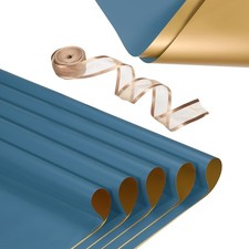 20 Sheets Flower Wrapping Paper with Ribbon 22.8" x 22.8" Yale Blue/Gold Tone