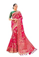 Women's Banarasi Silk Blend Woven Zari With Tussles Saree Jacquard Woven Blouse