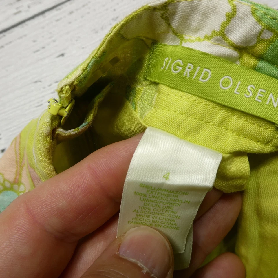 Falda Sigrid Olsen Mujer 4 Verde Amarillo Floral Lino Algodón Verano Boho Bolsillos Foto 3 de 4