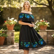 Art Dress Womens M Embroidered Floral Black Cotton Off Shoulder Boho